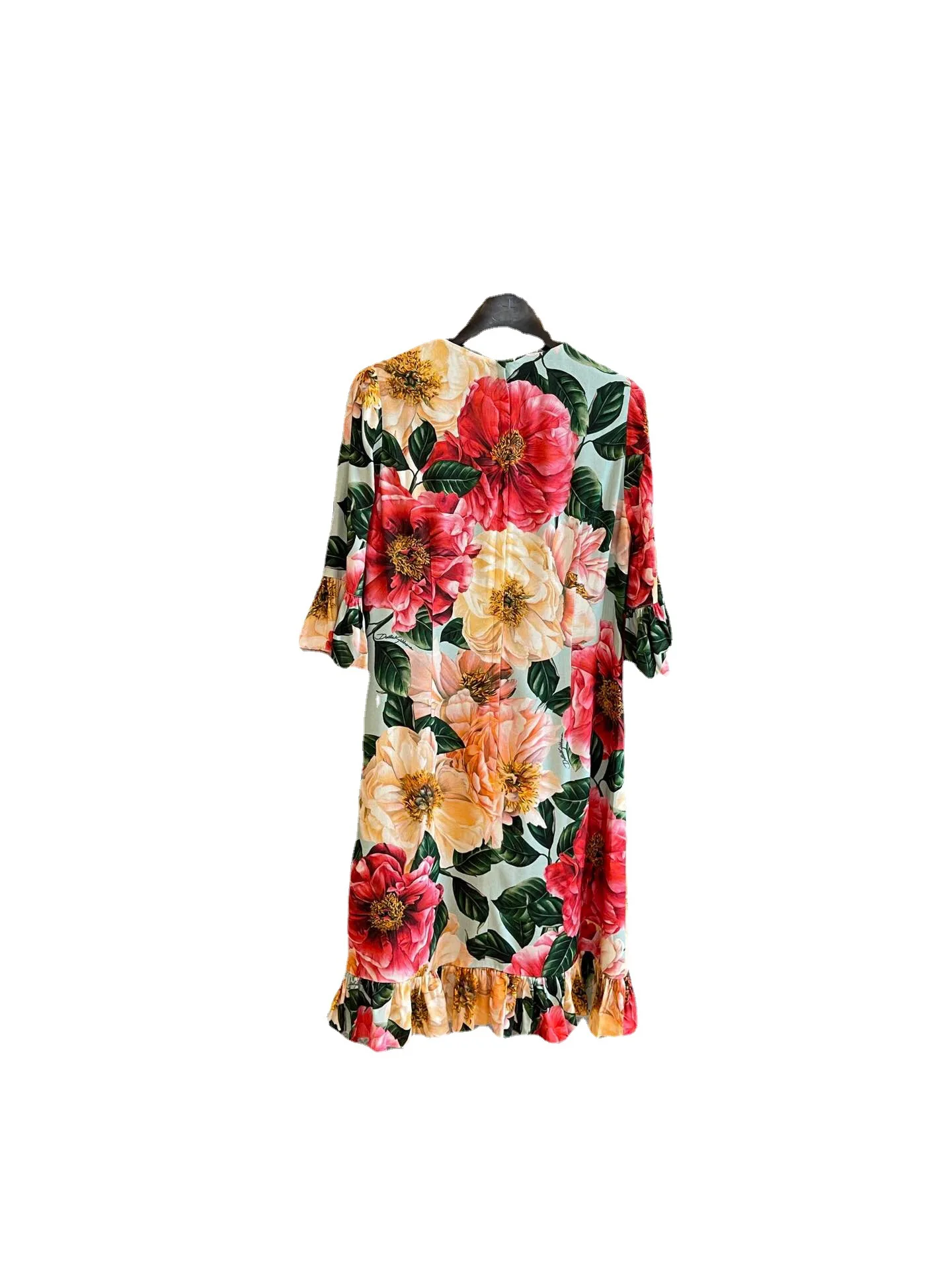 

2021 youthful playful blue-bottomed three-dimensional printed round collar lotus leaf edge mid-sleeve A-word silk dress