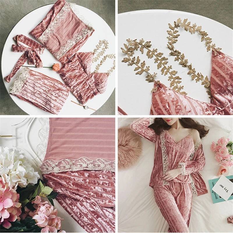 Комплект из 3 предметов новинка золотистые бархатные пижамы Осень-зима теплые