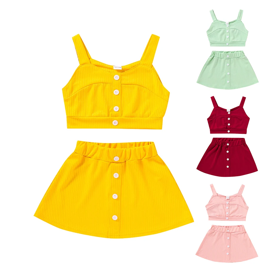 Baby Girls Summer Clothing Sets 2022 Cute Kids Sling Crop Top + Solid Skirt Cool New Fashion Children Swimming Suit