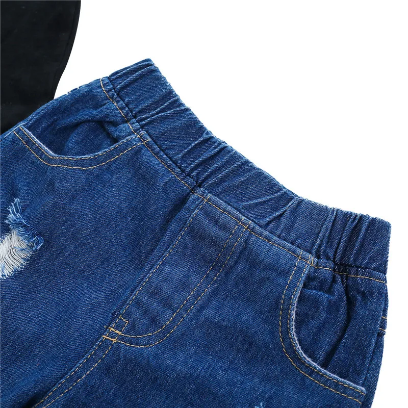 

2 Pieces Kids Suit Set Floral Print Round Neck Short Sleeve Pullover and Ripped Denim Shorts for Girls 1-4T