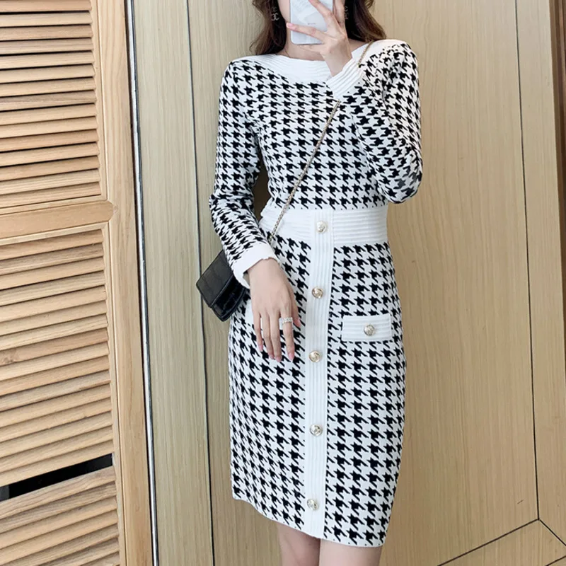 

Fall Winter luxury Houndstooth Pullover Knit Sweater Dress Women Korean Fashion Casual Sheath Bodycon Mini Dresses Robe Femme
