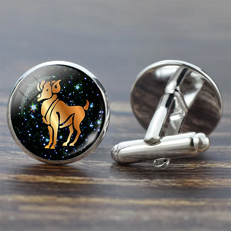 Aries 12 Созвездие стеклянная запонка из сплава Leo знак зодиака Рыбы ручной работы стеклянные серебряные Костюмные запонки звенья Мужская рубашка подарок на день рождения - Окраска металла: Aries