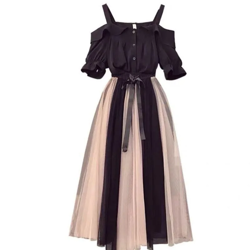

fashion women's two piece set high quality Black shirtoff-the-shoulder loose top + Mesh skirt suit summer dresses for women 202