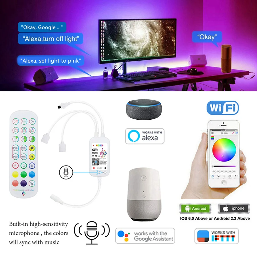 LED Strip Wifi / BLE/ IR Control Music Sync 12V RGB Lights Waterproof 5M 10M 15M 20M Works with Alexa(Optional) Glowing Tape | Лампы и