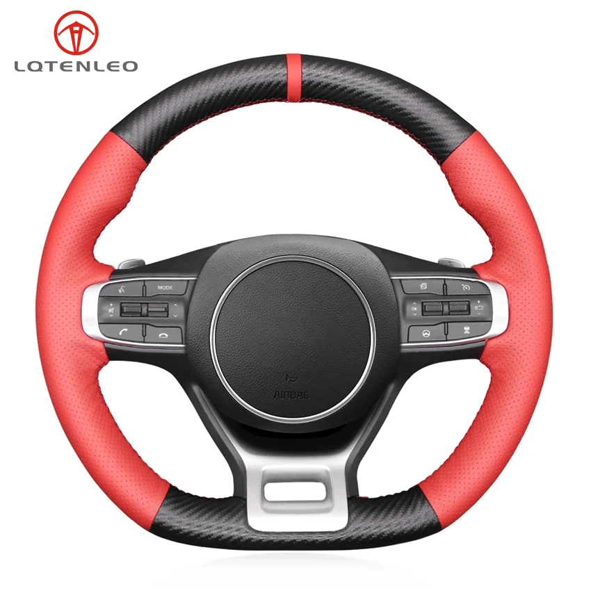 

LQTENLEO Black Carbon Fiber Red Leather Hand Car Steering Wheel Cover For Kia Optima 2020-2022 Kia K5 GT GT-Line Sedan 2020-2022
