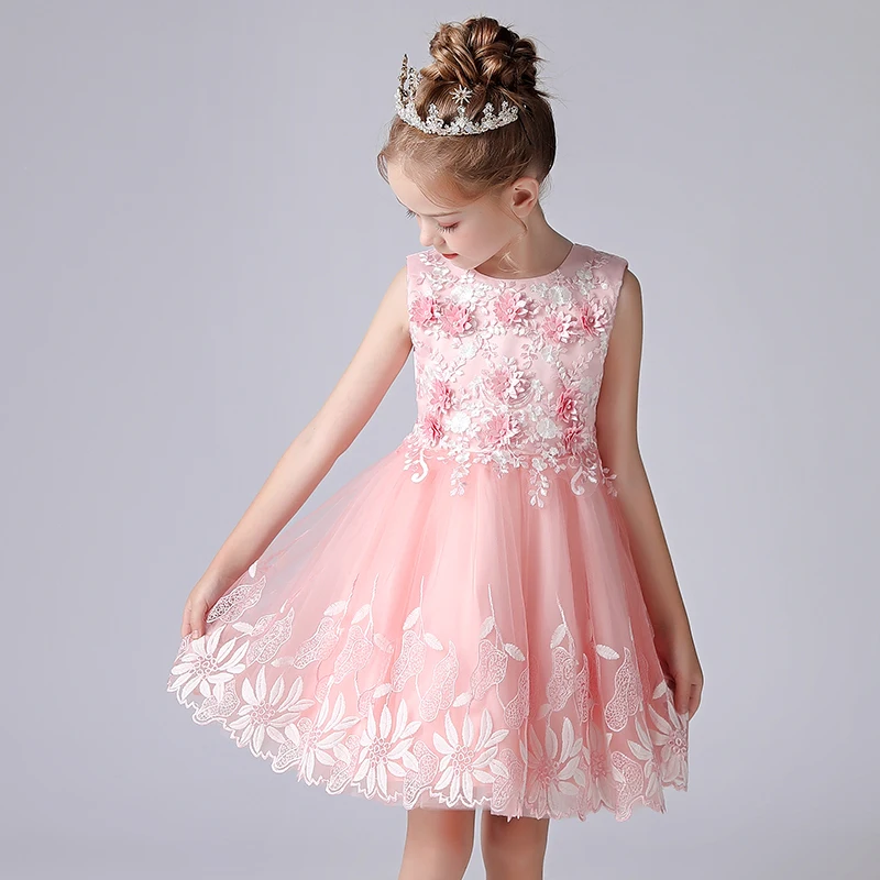 

Kid Girl Dress O-neck Sleeveless Floral Bowknot Lace Mesh Ball Gown Clothes Pleats Ruching Princess Summer Party Dresses Costume