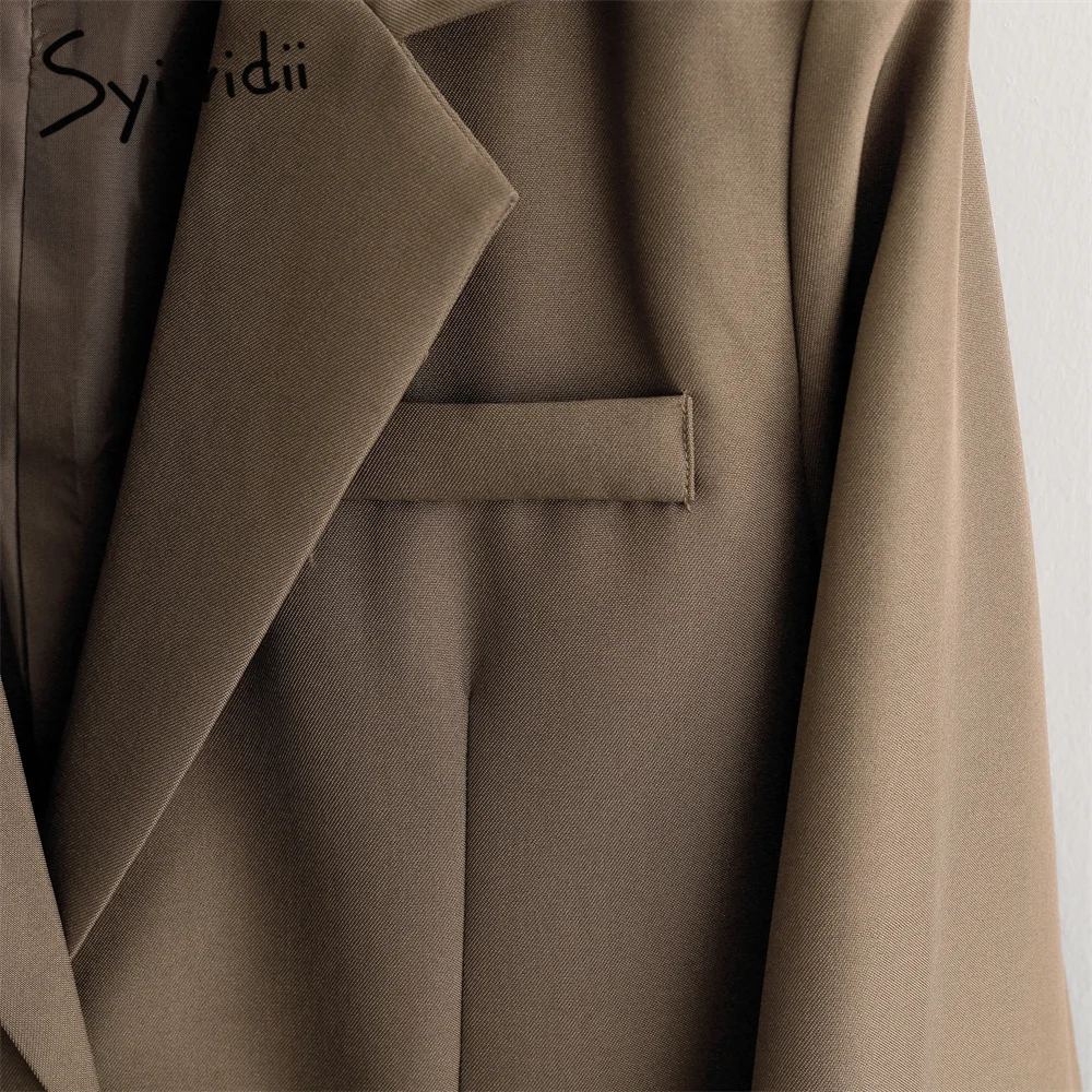Syiwidii кофейная куртка Женский блейзер офисное деловое Пальто однобортное