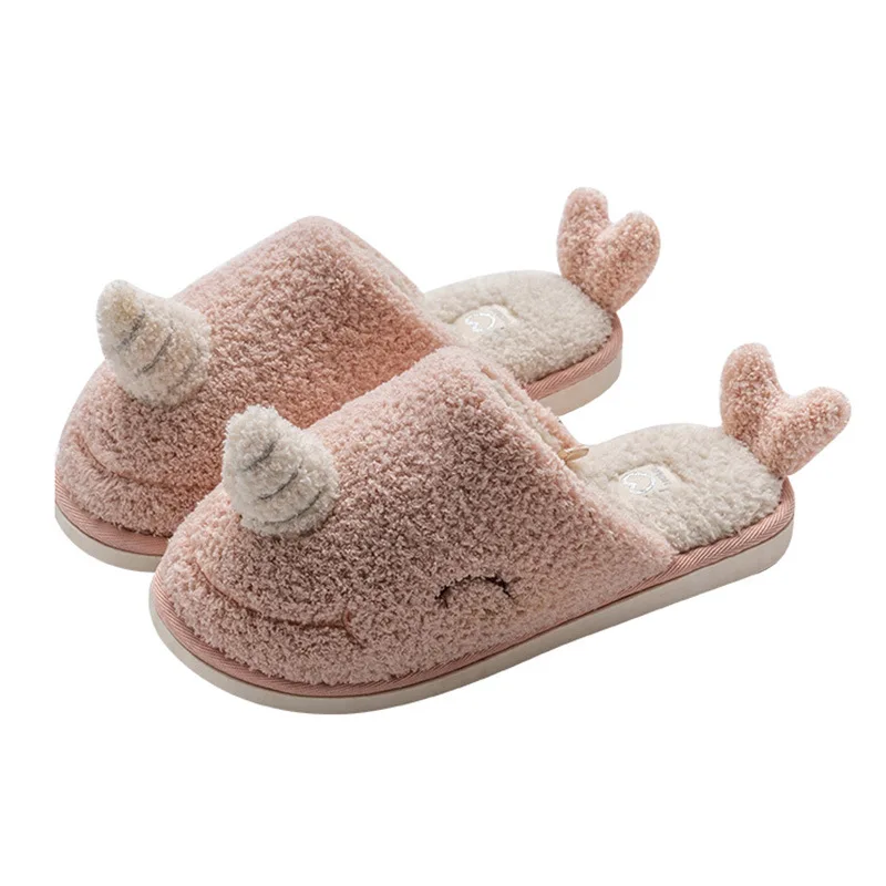 

Winter House Women Fur Slippers Cute Narwhal Whale Cartoon Bedroom Warm Plush Couples Shoes Indoor Girls Furry Slipers
