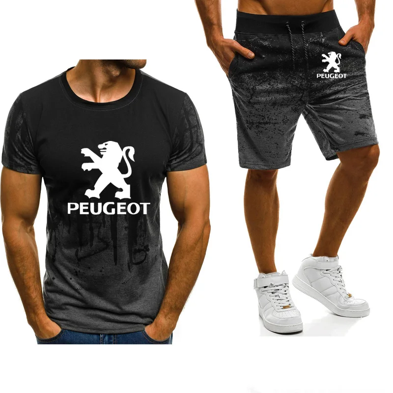 

New 2020 Hoodies Men's short sleeve Peugeot Car Logo Printed Gradient High Quality Cotton casual Mens T-Shirt+Pants Suit 2Pcs