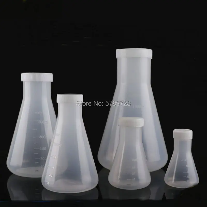 Frasco de plástico para laboratorio, recipiente cónico con tapa de rosca, capacidad de 50ml, 100ml, 250ml, 500ml, 1000ml