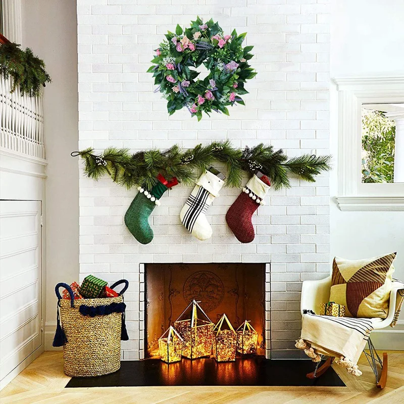 

Artificial Rose Wreath Fake Leaves Wreath with Rose Flower for Front Door Outdoor Indoor Garden Office Wedding Decor