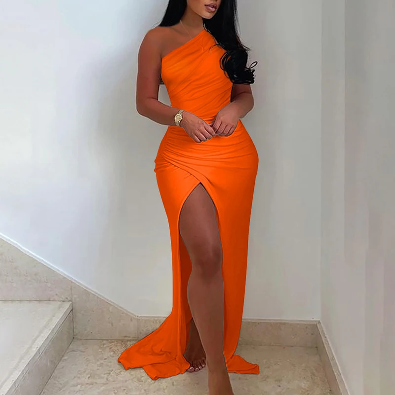 Женское платье-макси на одно плечо с высоким разрезом | Женская одежда