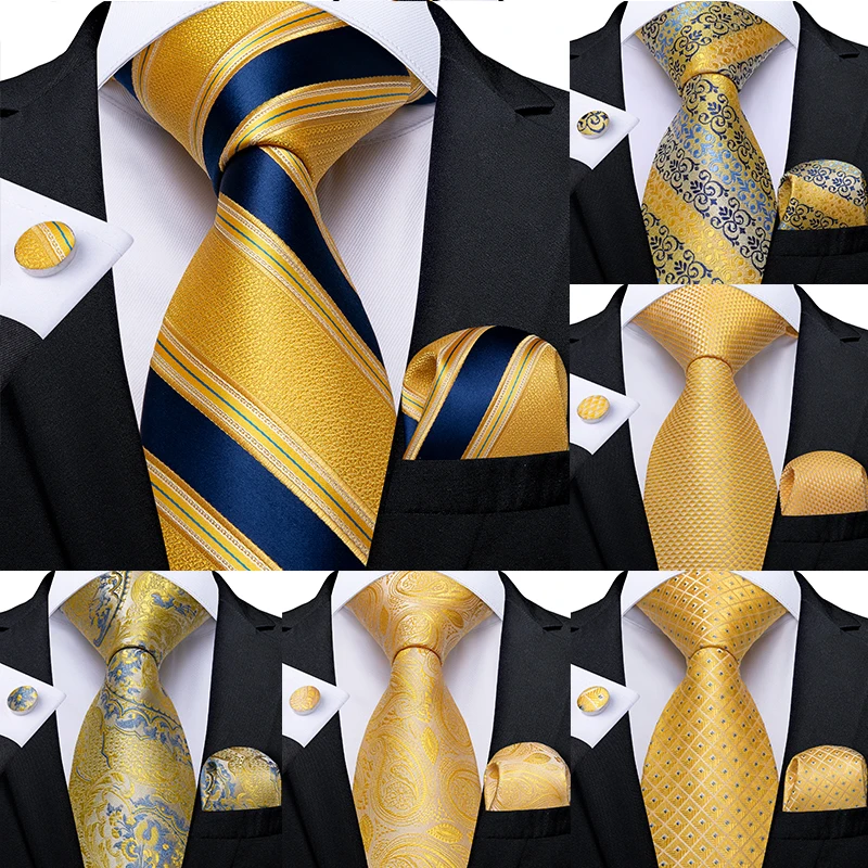 

Модный мужской галстук Роскошный желтый синий полосатый Пейсли Шелковый Свадебный галстук в клетку для мужчин дизайнерские запонки Hanky под...
