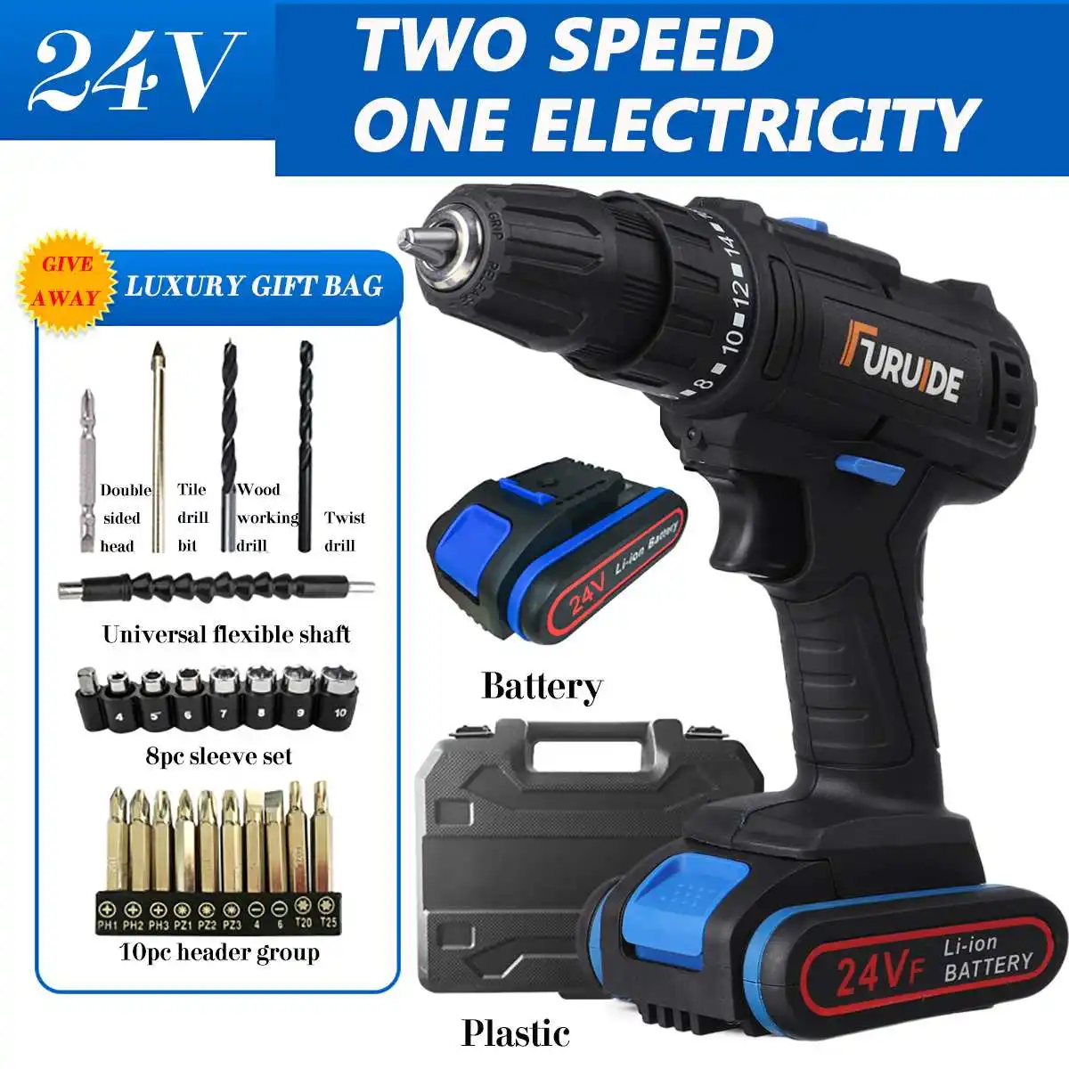 

24V 2 Speed Cordless Drill Electric Screwdriver With Bits Set 3900mA Lithium Ion Batteries Multifunction Screwdriver Power Tool