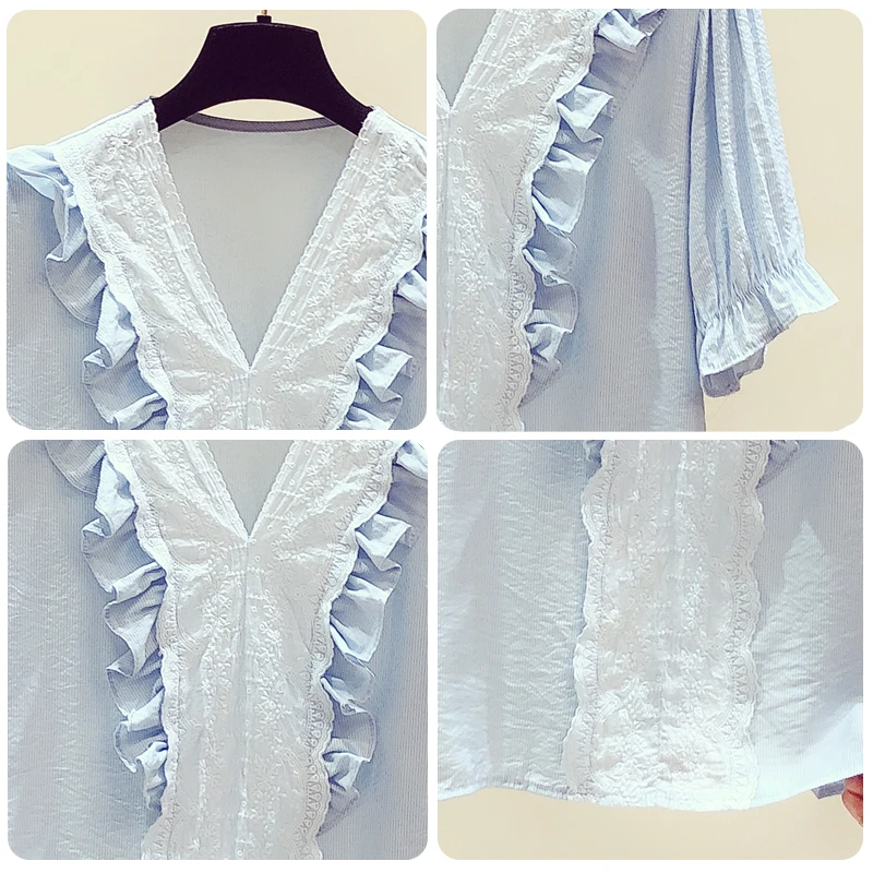 

2021 Year Summer new Solid Shirt Women Blouse Thin White Multi Style Short Shirts Four Codes Ruffled Office Lady