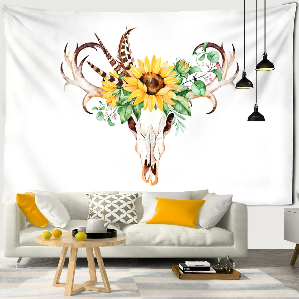 Простой мультяшный олень гобелен с изображением скелета Подсолнух перо узор