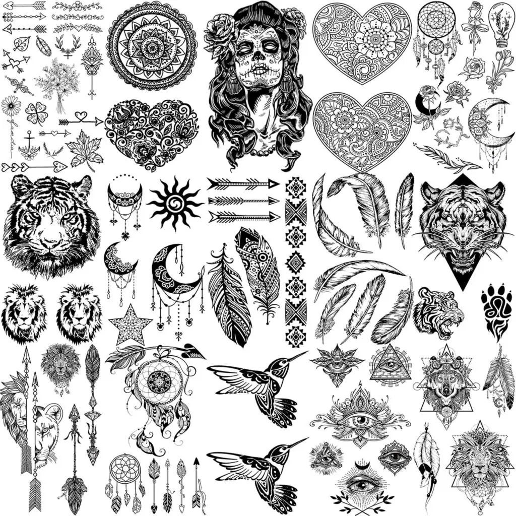 

Black Henna Feather Arrow Temporary Tattoos For Women Adult Men Tiger Hummingbird Pendant Fake Tattoo Fashion Washable Tatoos