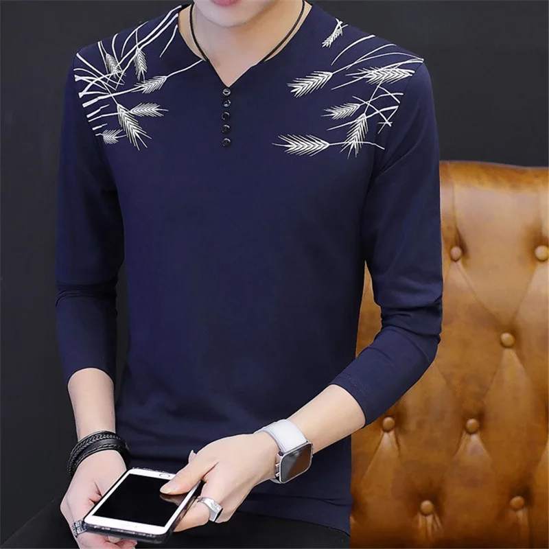

New men's long sleeve T-shirt slim print fashion men's collarless T-shirt cotton top t shirts men