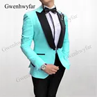 Костюм Бирюзовый Gwenhwyfar, мужской пиджак с черными брюками, на пуговицах, для джентльменской вечеринки, атласный лацкан, 2020