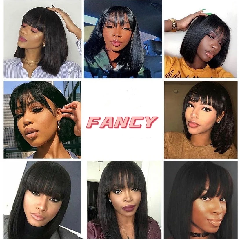 

Straight Bob Wig With Bangs 100% Human Hair Wigs Full Machine Made Brazilian Hair Short Bob Wig With Bangs For Black Women