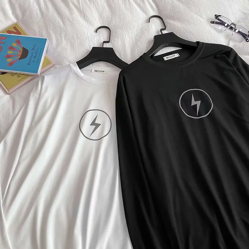 

Spring and autumn simple reflective lightning pattern long-sleeved T-shirt men's loose luminous plus fat plus size top