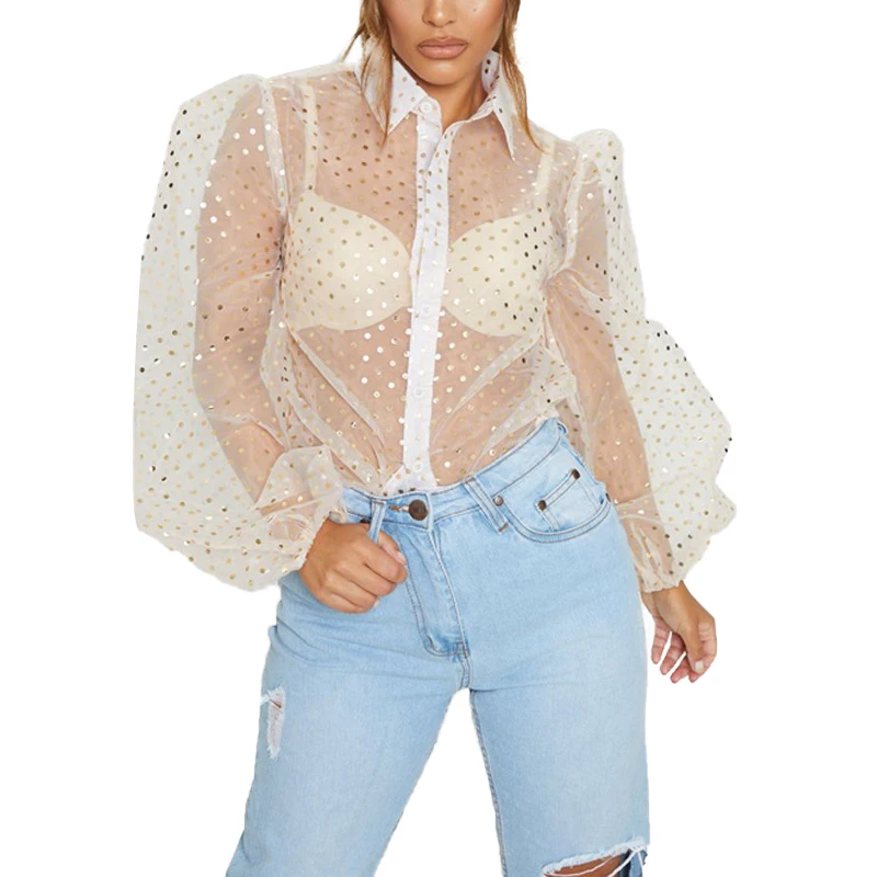 Модные женские сетчатые топы с оборками и пышными рукавами повседневные блузки в