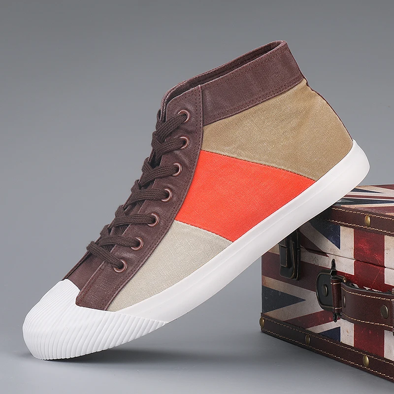 Men Casual Shoes Fashion Leather Canvas High top Moccasins Slip on Men's Flats Male Driving Soft Non-slip | Обувь