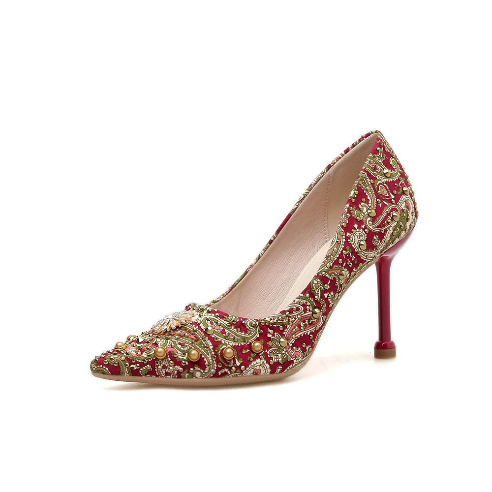 

Genuine Leather Retro Rhinestone Rivet Pointy Toe Women's Pumps Stiletto High Heels Elegant Office Wedding Banquet Women's Shoes