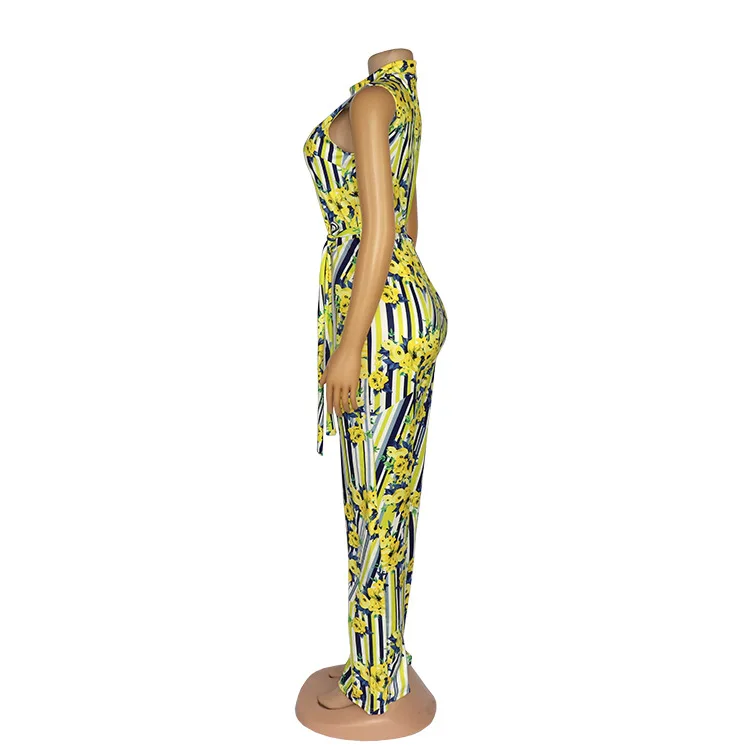 

High Stretch Jumpsuit Women's Sleeveless Collocation Belt Digital Printing Fashion Trend Casual African Trousers Jumpsuit 2021