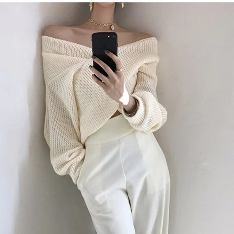 HziriP 2020 OL Sexy Crop Tops Loose Sweater Woman Long Sleeve V Neck Solid Women Sweaters And Pullovers Knitted Jumpers Female | Женская