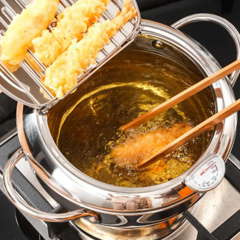

20 24 cm Japanese Deep Frying Pot with a Thermometer and a Lid 304 Stainless Steel Kitchen Tempura Fryer Pan