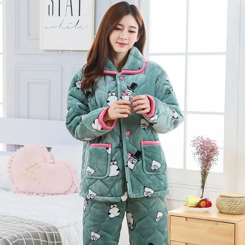 Pajamas women's winter flannel three-layer cotton and plush thickened warm cotton jacket cotton jacket suit home clothes