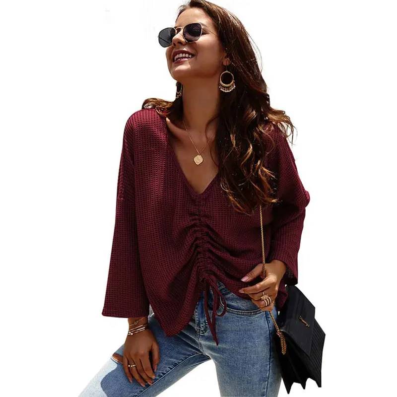 Женский свитер с v-образным вырезом свободный длинным рукавом вязаный для осени