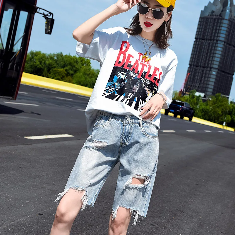 

Denim Shorts Women's 2021 Summer Thin High Waist Loose Hole Slimming New Wide-Legged Versatile Straight Shorts