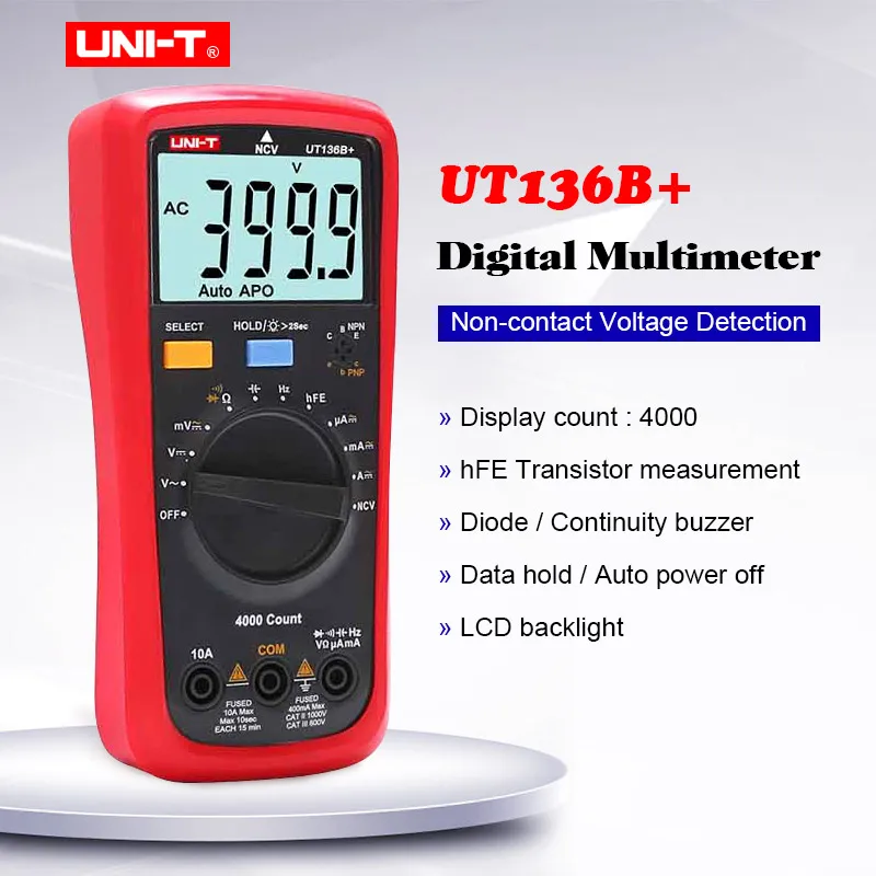 

UNI-T UT136B+ UT136C+ Digital Multimeter AC DC volt current meter;Ohm Capacitance hFE Diode/transistor tester with LCD backlight