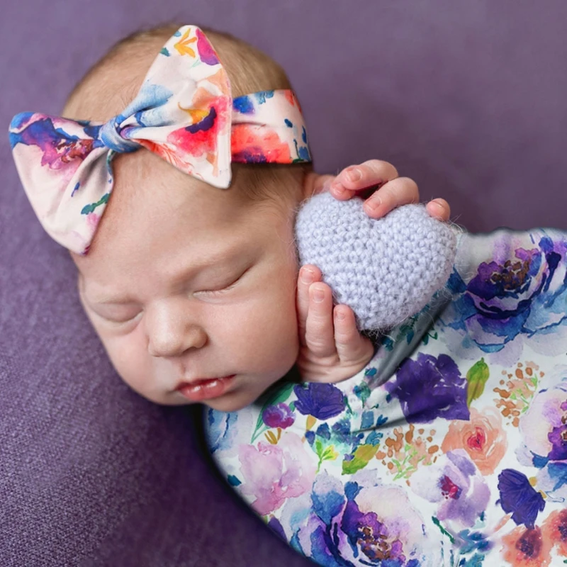 

2 Pcs Newborn Baby Receiving Blanket Bowknot Headband Set Infant Print Swaddle