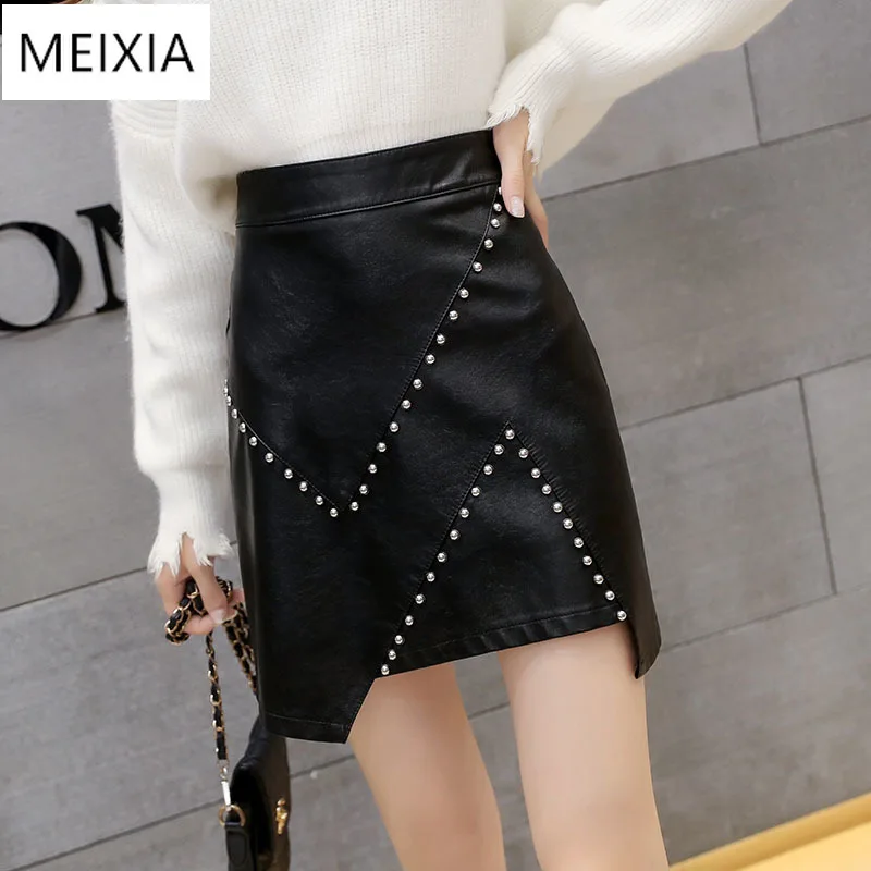 

Women's Pu Leather Skirt New Fashion Rivet High Waist A-line Skirt Autumn Winter Irregular Package Hip Mini Short Skirt