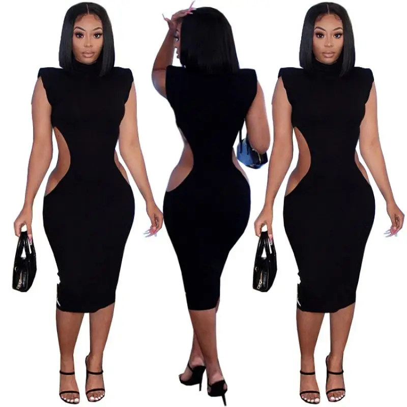 

2021 Summer New Fashion Ripped Hole Sleeveless Sexy Solid Color Dress Women