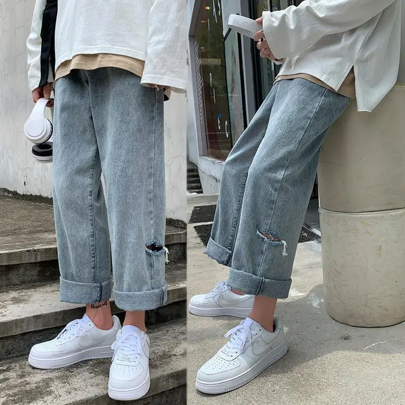 

Ins сезон весна-лето с дырками в стиле ретро Выбеленные светильник цветные джинсы для женщин BF стиль свободный и универсальные прямые брюки т...