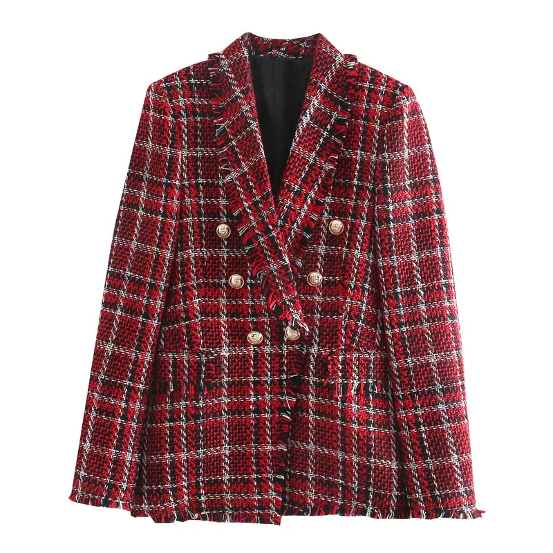

Autumn 2021 Women's Small Fragrance Twill Woven Suit Jacket Tweed Women Red Plaid Blazers Spring Fashion Women Vintage Jackets