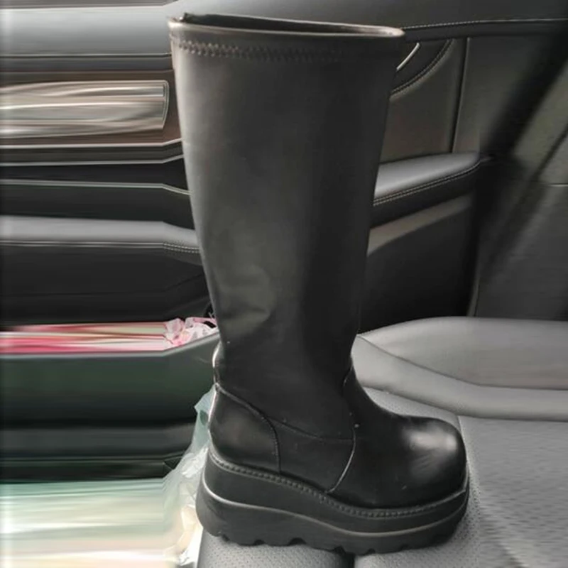 2020 роскошные сапоги женские кожаные ботинки на не сужающемся книзу массивном