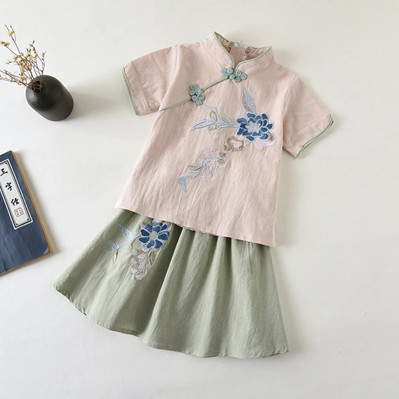 Платья для девочек Hanfu летние костюмы с юбкой Детская рубашка в древнем стиле