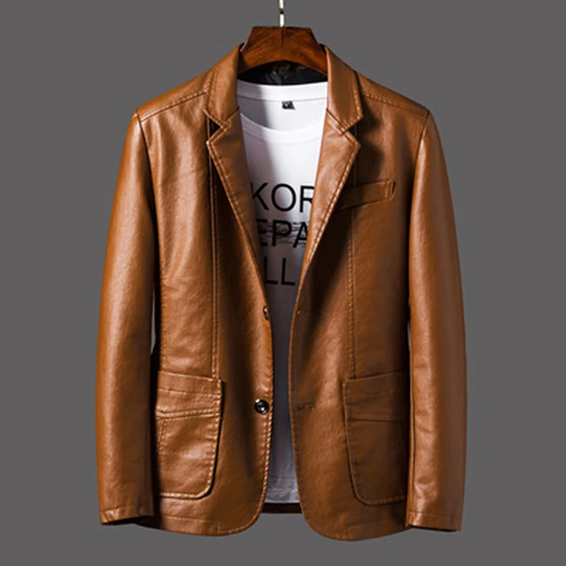 

Autumn Winter Coats Jackets Men Solid Color Faux Leather Suit Jacket Long Sleeve Lapel Blazer Men's Jackets and Coats