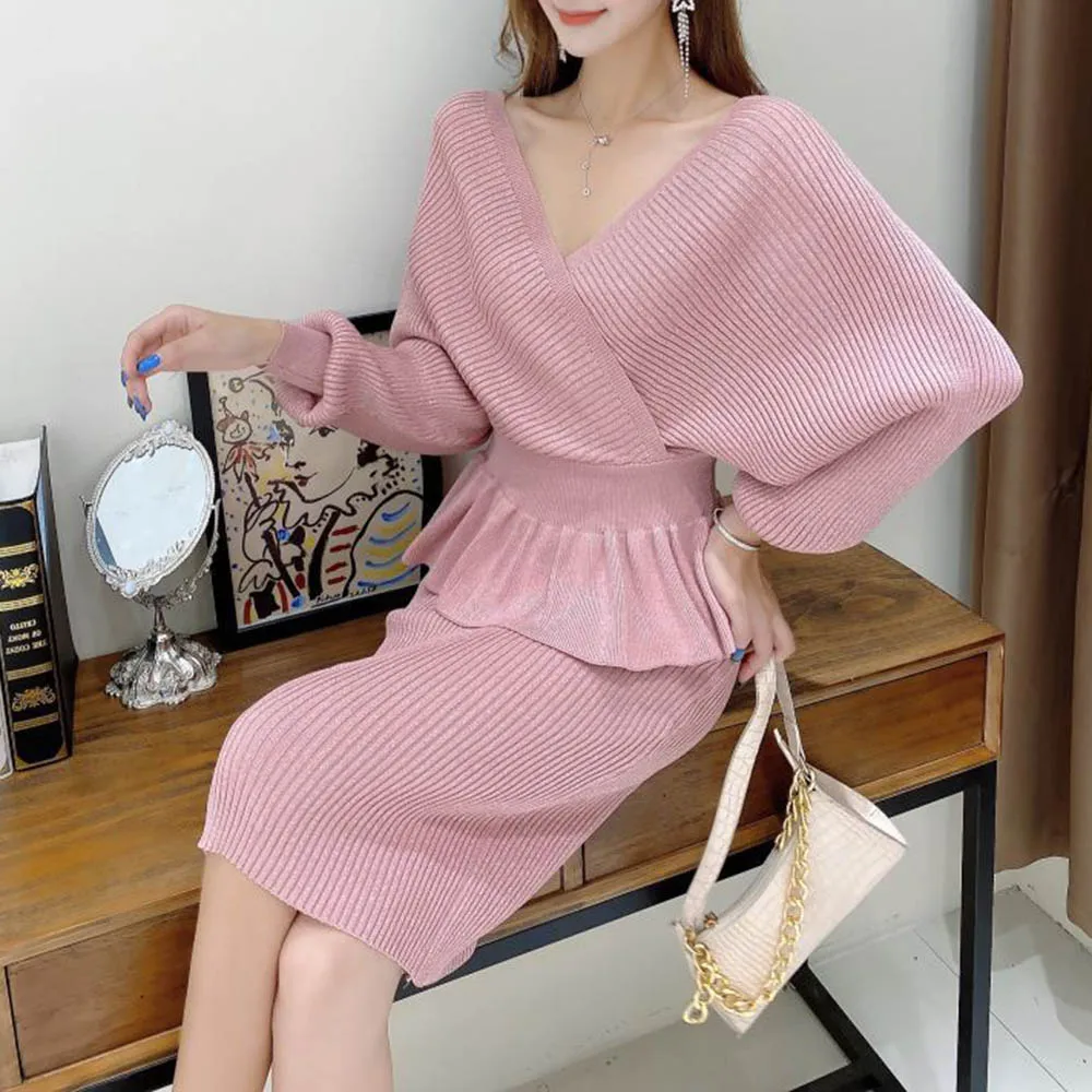 

Korean Style Office Ladies Two Piece Sets Solid Color V-neck Batswing Backless Sexy Sweater Suits Women Autumn Spring Outfits