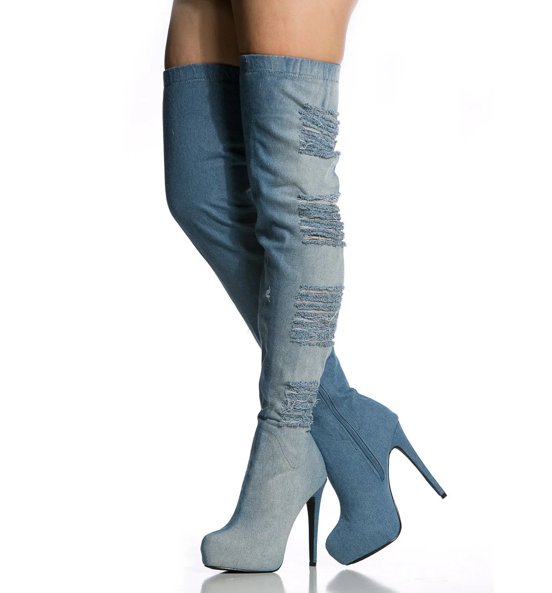 

Holed denim boots women's new denim thigh boots waterproof platform high heel elastic boots