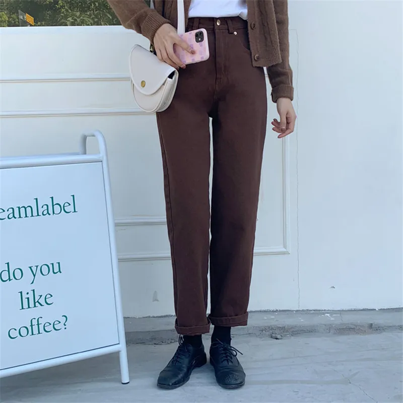 

Vintage Coffee High Waist Jeans Women New OL Denim Pants Autumn Autumn Straight Boyfriend Jeans For Woman Clothes