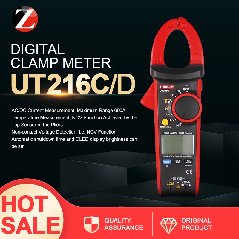 UNI-T цифровой клещи AC DC Измерение тока RMS частота емкость температура и NCV тестер UT216C UT216D