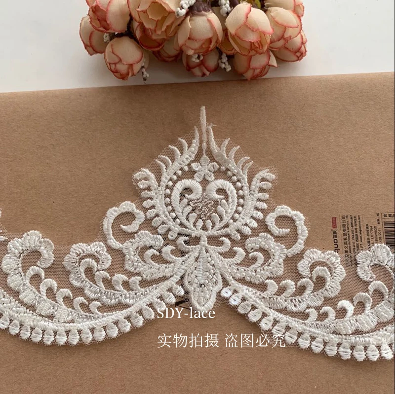 European Wedding Dress Wedding Lace Trim Luxury 5 Yards=1 Lot, 12.5CM Wide Scallop Trimming Lace Border Lace with Beads Sequins