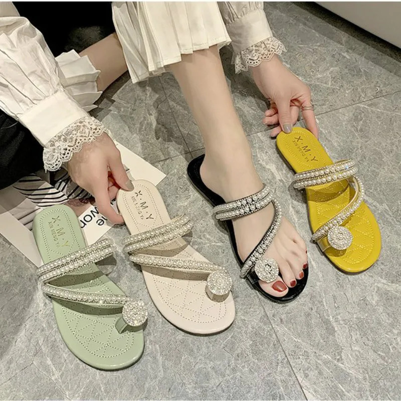 Fashion Slippers Women Summer New Outside String Bead Vacation Beach Shoes Toe Square Heel Slides Low 1cm-3cm Solid High Quality