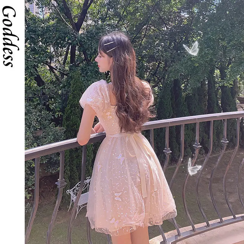 

2021 Pretty Chic Bowknot Lace Beach Dress Summer Sweet Solid Fairy Dress Retro Kawaii Short-sleeved Belted Mini Dress for Women
